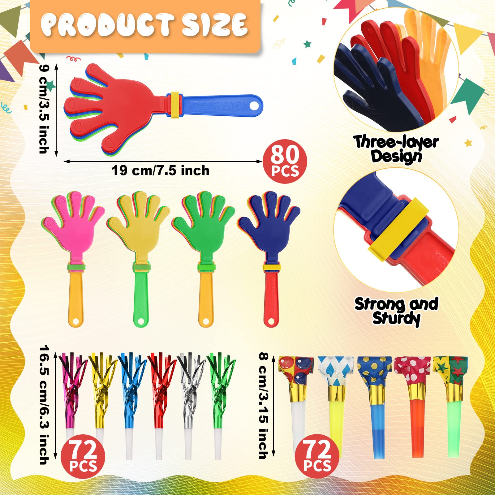 Yunsailing 224 Pcs Party Noise Makers Bulk Include Hand Clapper Noisemaker for Sporting Events Glitter Fringed Blowout Musical Plastic Blower for Kids Adult Birthday Carnival Graduation Decorations