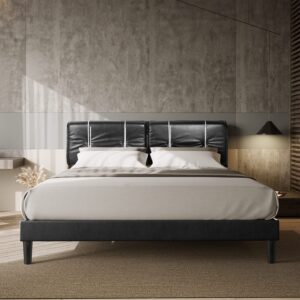 BONSOIR Queen Size Bed Frame Upholstered Low Profile Modern Platform Bed with Faux Leather Headboard/No Box Spring Needed/No Bed Skirt Needed/Black Faux Leather (Black)