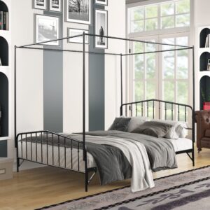 Tensun Detachable Queen Anti-Noise Platform Metal Canopy Bed with Headboard,Black