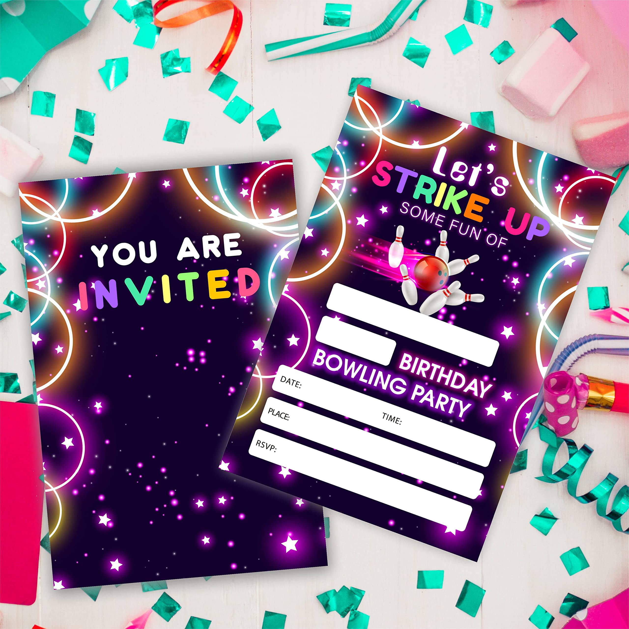 Bowling Birthday Invitations, Let's Strike Up Some Fun Birthday Party Invites Decorations, Kids Adults Birthday Party and Events Supplies, 20 Fill-in Invites Cards with Matching Envelopes（YQK-028）