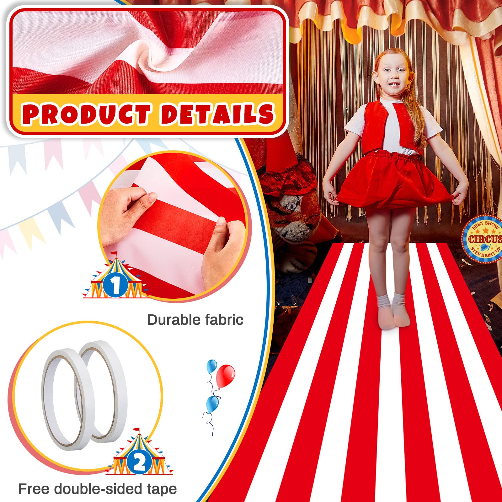 Boao 2 Pcs Carnival Circus Party Supplies Red and White Striped Aisle Runners Carnival Theme Party Floor Decor 24 in x 10 ft for Birthday Carnival Party Decorations