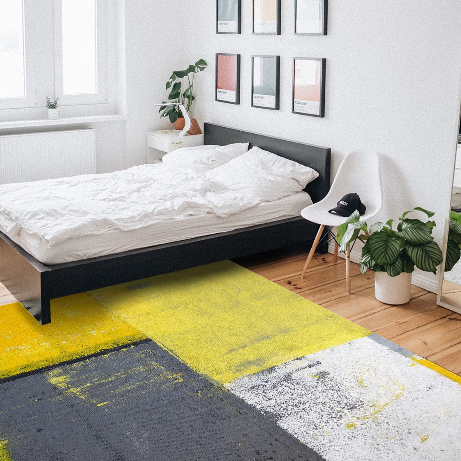 KITHOME Non-Slip Area Rug Abstract Geometric Yellow Gray White Oil Painting Printed Rugs, Rubber Backing Floor Mats Absorbent Indoor Area Rug Carpet for Living Room Indoor 3'x2'