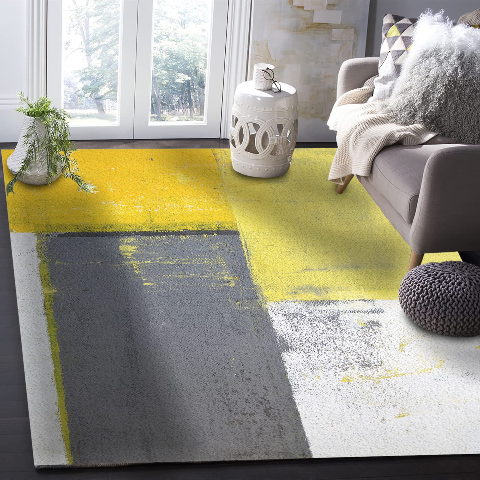 KITHOME Non-Slip Area Rug Abstract Geometric Yellow Gray White Oil Painting Printed Rugs, Rubber Backing Floor Mats Absorbent Indoor Area Rug Carpet for Living Room Indoor 3'x2'