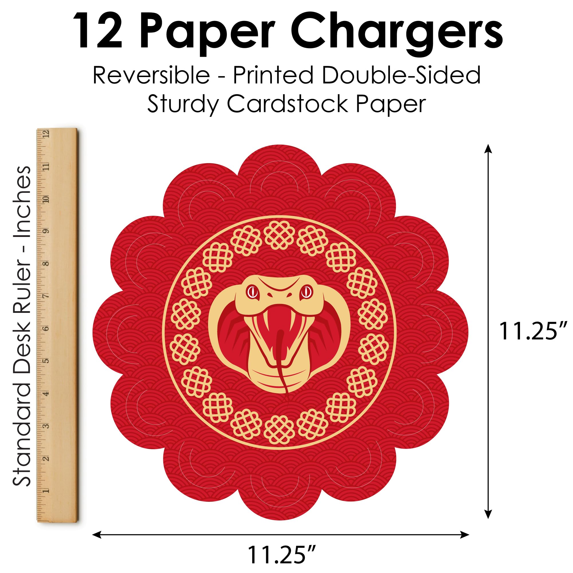 Big Dot of Happiness Lunar New Year - 2025 Year of the Snake Round Table Decorations - Paper Chargers - Place Setting For 12