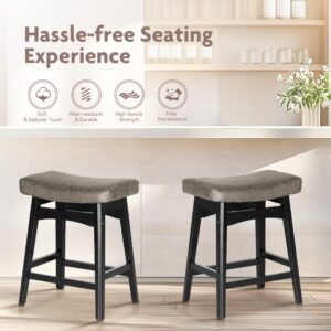 ALPHA HOME Bar Stools Set of 3, Solid Wood Saddle Kitchen Stools with Grey PU Leather Cushion Counter Height Barstools with Wooden Base for Kitchen Dining Cafe, 24 Inch, Grey, 3PCS