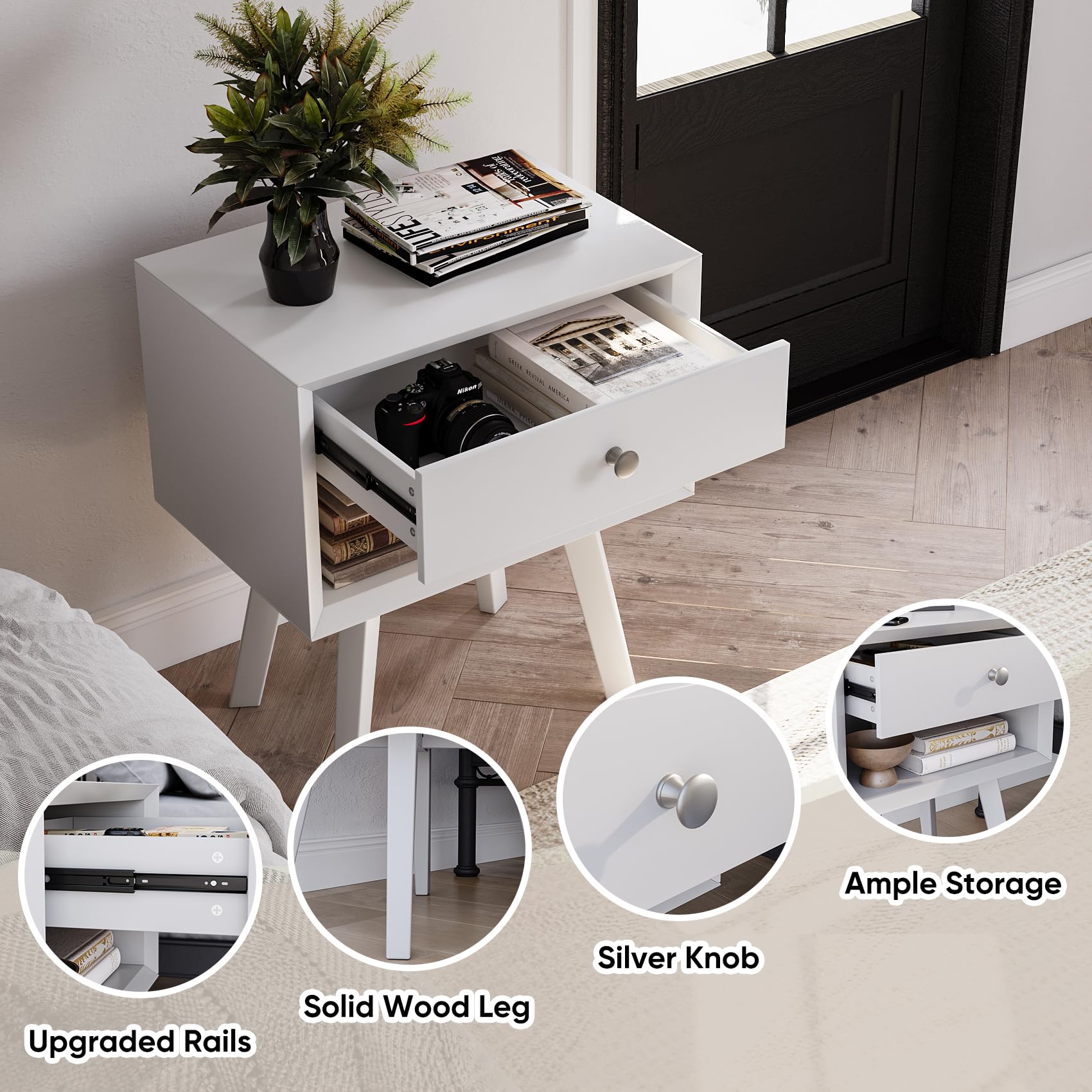 Algherohein 24" H White Nightstand with 1 Drawer, Wood Night Stand for Bedroom, Bedside Table with Open Shelf, 2-Tier Small End Table