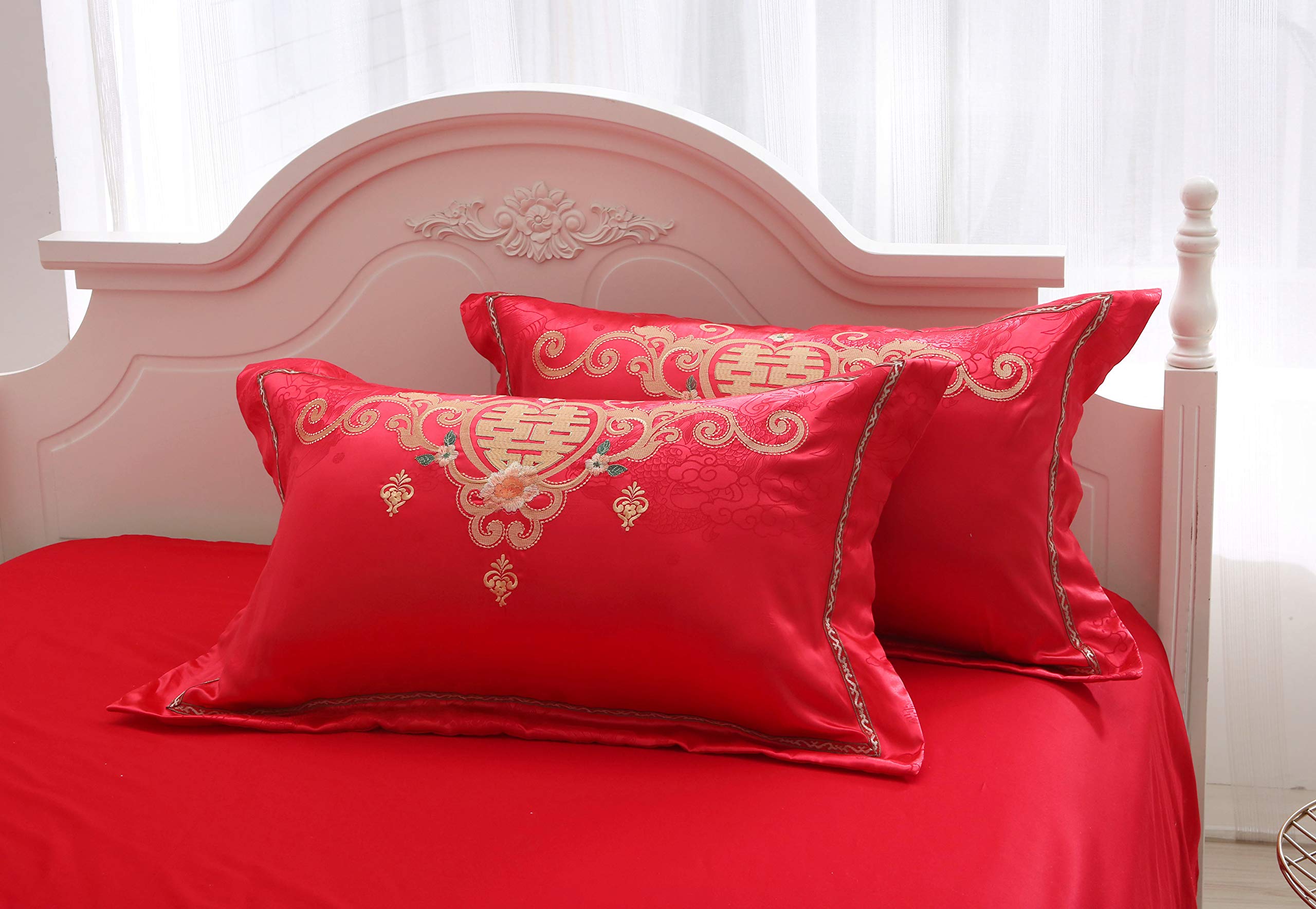 I-MART King Size Chinese Wedding Red Bedding Set, Asian Bedding with Dragon and Phoenix Bird Embroidery Duvet Cover Set of 4