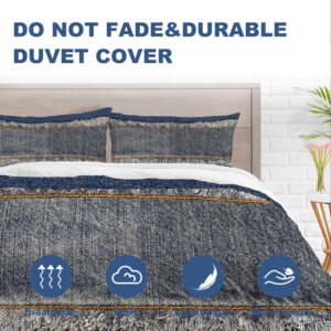 Batmerry Blue Fringe Orange Queen Size 3 Pieces Bedding Comforter Cover Sets,Soft Fluffy Denim Torn Worn Blue Jeans Pattern Printed Duvet Cover for All Season