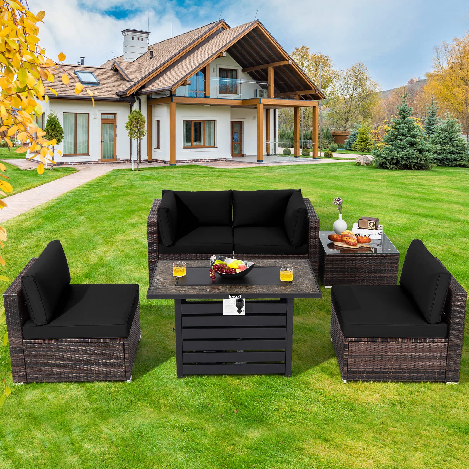 Tangkula 6-Piece Patio Furniture Set with 42 Inches Propane Fire Pit Table, Outdoor Wicker Conversation Set with Cushions and Tempered Glass Coffee Table, 50,000 BTU Gas Fire Pit Table (Black)