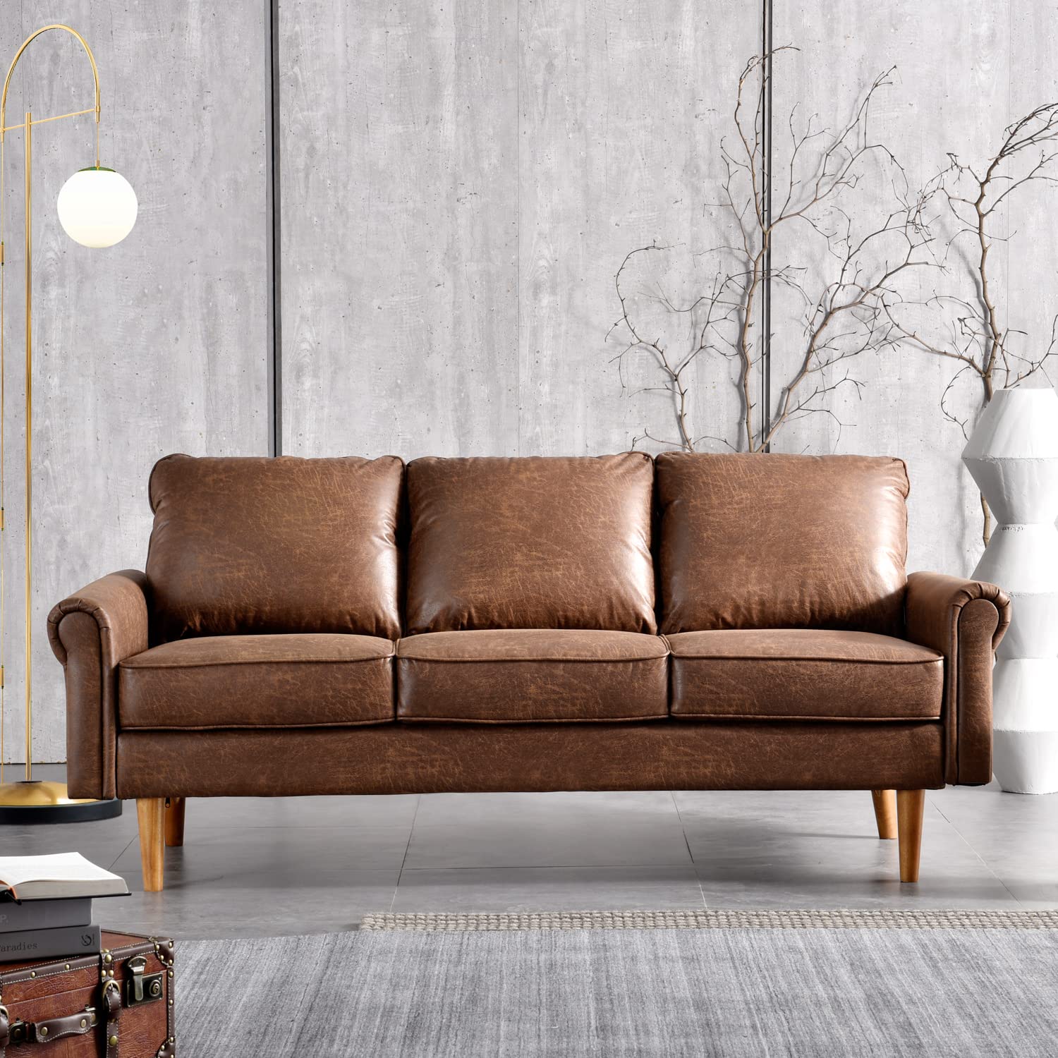 XIZZI Mid-Century Sofa 74" Suede Fabric 3-Seat Couch with Solid Wooden Frame and High Density Sponge Cushion for Living Room,Bark Brown