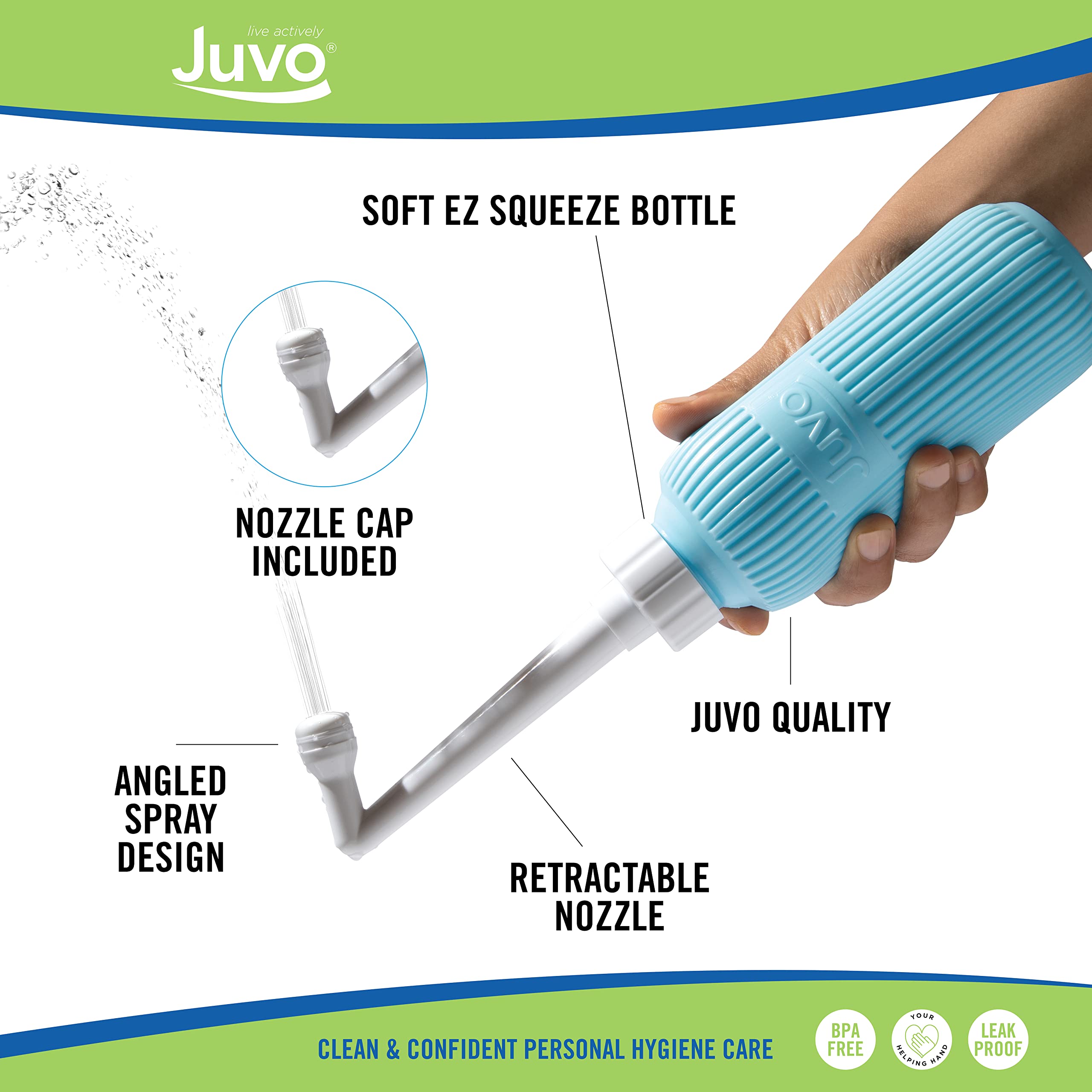 Juvo Peri Bottle Kit | Portable Travel Bidet, Handheld Squeeze Bottle with 2 Spray Nozzles, Cap and Storage Bag, Upside Down Use, 13.5 oz, Blue, 1-Pack