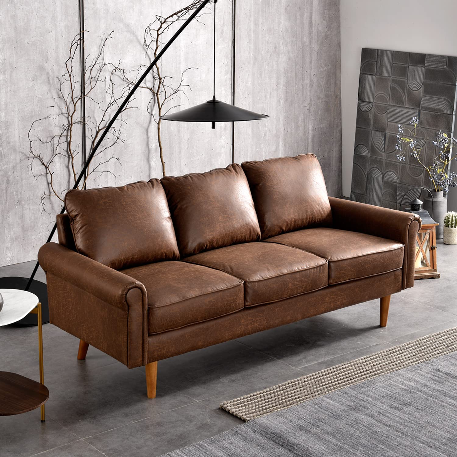 XIZZI Mid-Century Sofa 74" Suede Fabric 3-Seat Couch with Solid Wooden Frame and High Density Sponge Cushion for Living Room,Bark Brown