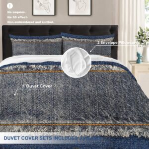 Batmerry Blue Fringe Orange Queen Size 3 Pieces Bedding Comforter Cover Sets,Soft Fluffy Denim Torn Worn Blue Jeans Pattern Printed Duvet Cover for All Season