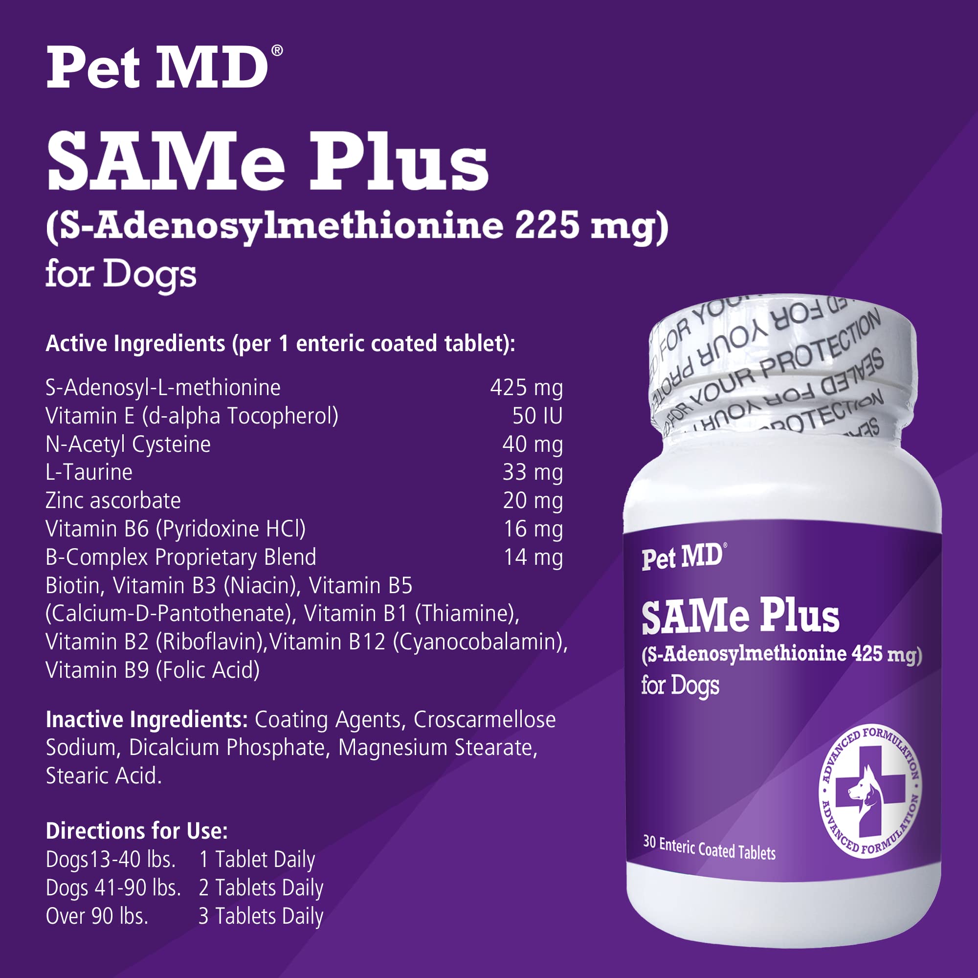 Pet MD Same Plus Liver Support for Dogs - Canine Hepatic Support & Brain Health Supplement - B Vitamins & Same for Dogs - Enteric Coated Tablets - 425mg - 30 ct