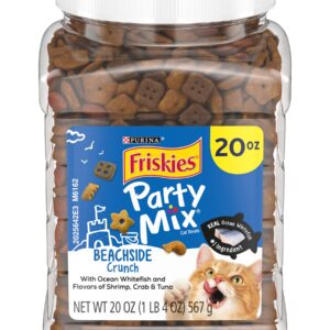 Purina Friskies Party Mix Cat Treats, Beachside Crunch, Made with Ocean Whitefish, Crunchy Cat Treats for Adult Cats, 20-Ounce Resealable Canister (Pack of 2)