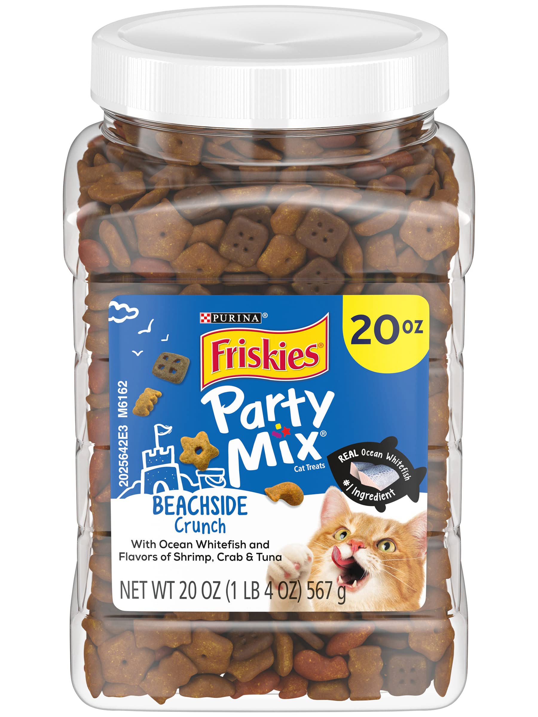 Purina Friskies Party Mix Cat Treats, Beachside Crunch, Made with Ocean Whitefish, Crunchy Cat Treats for Adult Cats, 20-Ounce Resealable Canister (Pack of 2)