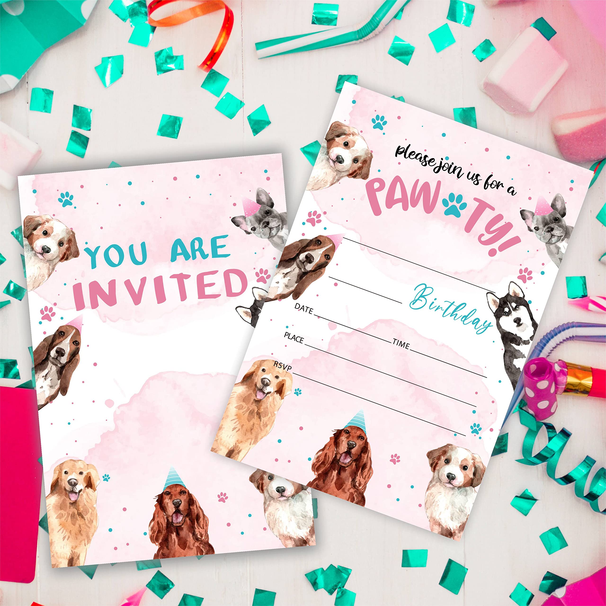 Puppy Birthday Invitations, Let's Pawty Birthday Party Invites Decorations, Dog Birthday Party and Events Supplies, 20 Fill-in Invites Cards with Matching Envelopes（YQK-029）