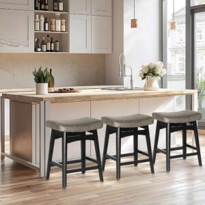 ALPHA HOME Bar Stools Set of 3, Solid Wood Saddle Kitchen Stools with Grey PU Leather Cushion Counter Height Barstools with Wooden Base for Kitchen Dining Cafe, 24 Inch, Grey, 3PCS