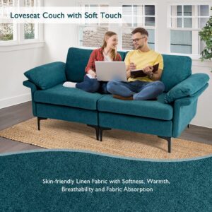 KOMFOTT 72.5” Loveseat Sofa Couch, Modern Love Seat with Removable Armrest Pillows, Steel Frame Legs & Cozy Cushions, 2-Seat Sofa Couch for Living Room and Apartment (Teal)