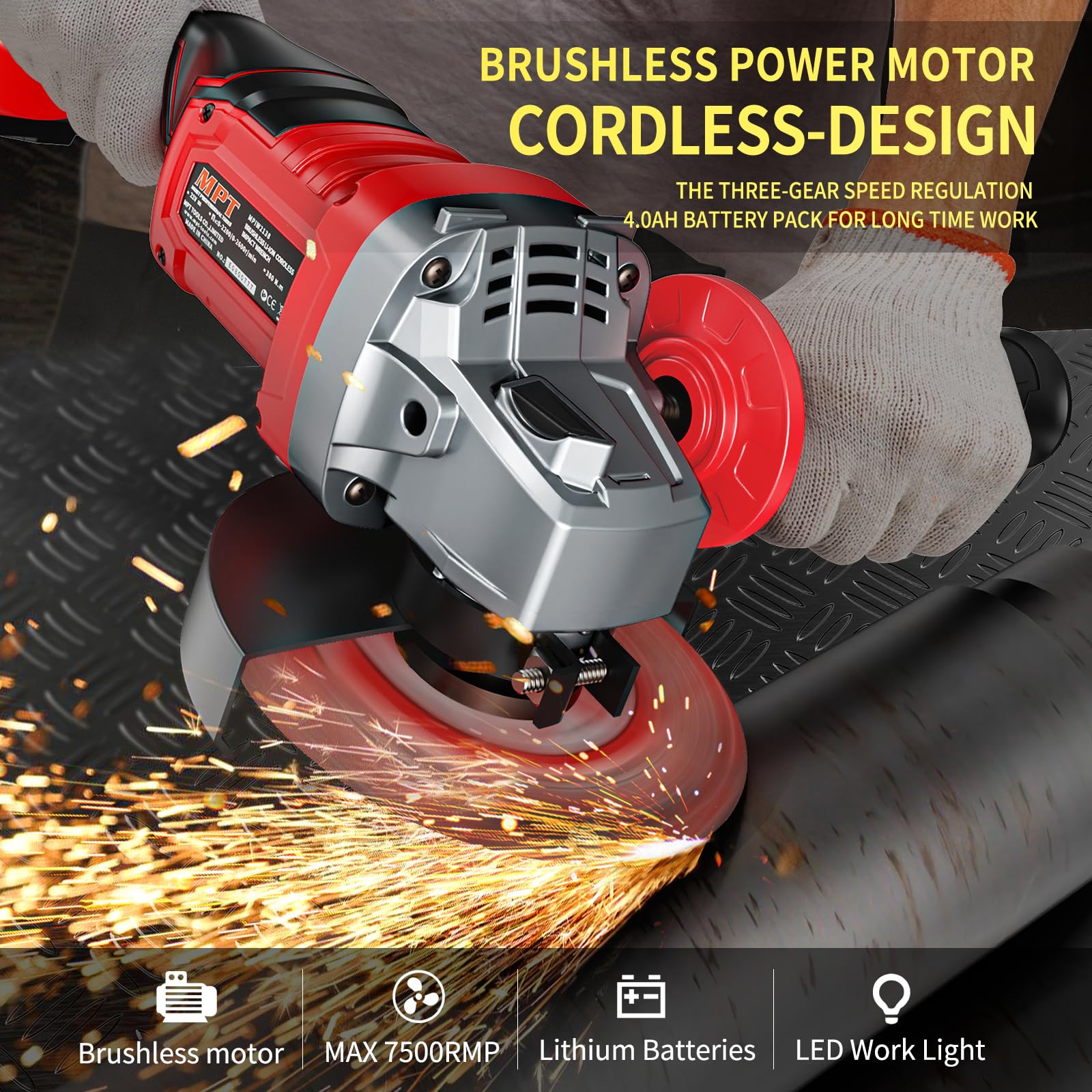 Cordless Grinder - MPT 21V Cordless Angle Grinder with 4.0Ah Li-Ion Battery & Charger, 4-1/2 Inch Blade, Powerful Brushless Motor, Battery Grinder Tool for Metal Wood with Auxiliary Handle