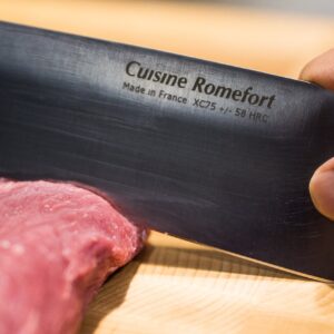 Cuisine Romefort | Sharp Carbon Steel Chef's Knife XC75, 8.7 in blade, with Leather sheath | chef knives with wooden handle | kitchen knife hardened with 58 Rockwell