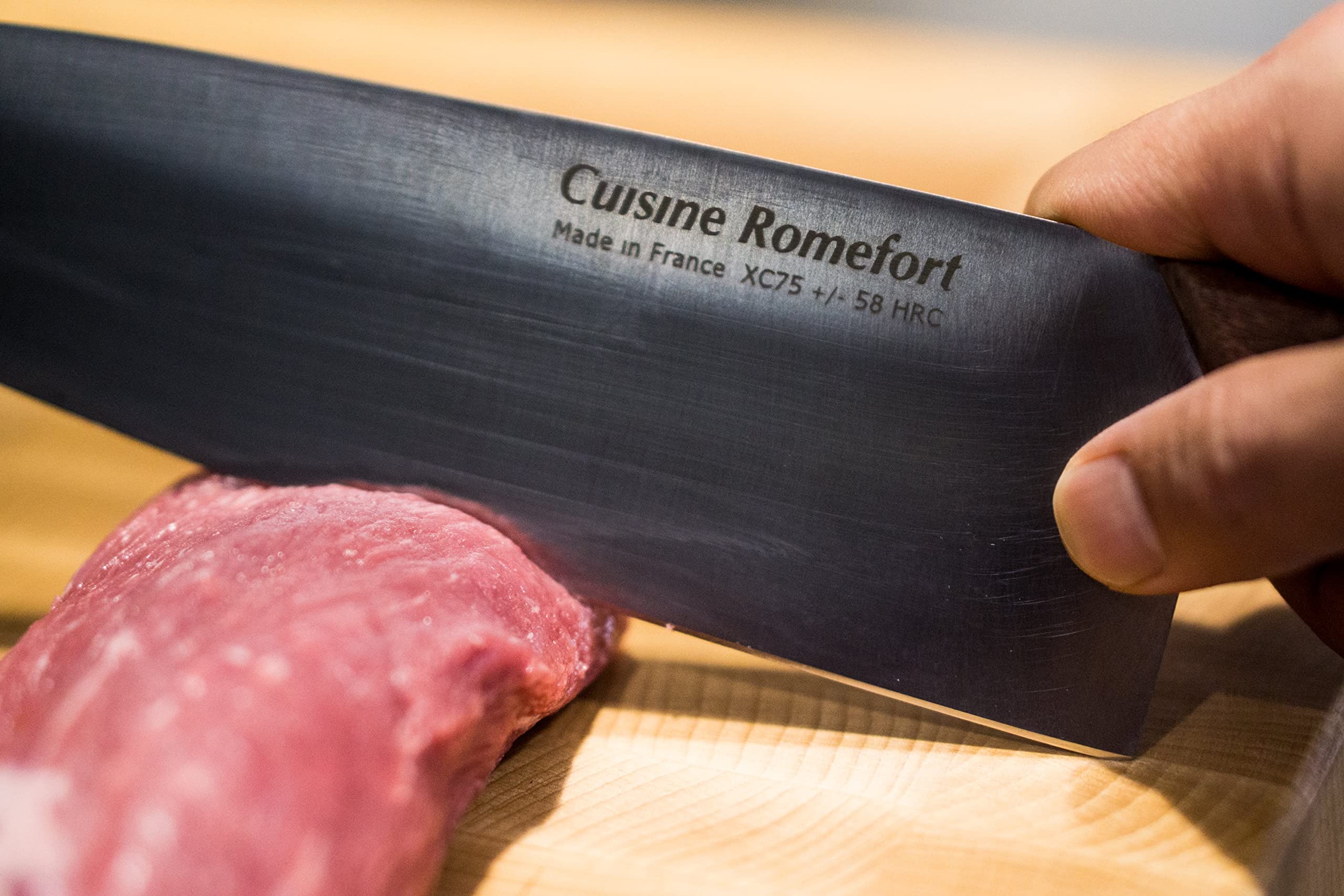 Cuisine Romefort | Sharp Carbon Steel Chef's Knife XC75, 8.7 in blade, with Leather sheath | chef knives with wooden handle | kitchen knife hardened with 58 Rockwell