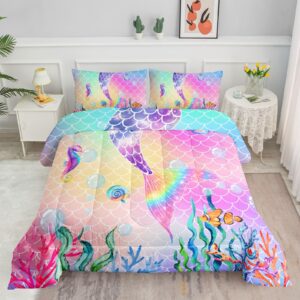 datura home bedding comforter set rainbow pink mermaid tail printed pattern quilt with 1 and 2 pillowcases for girls bedroom all season(rainbow full) full 80x90inches