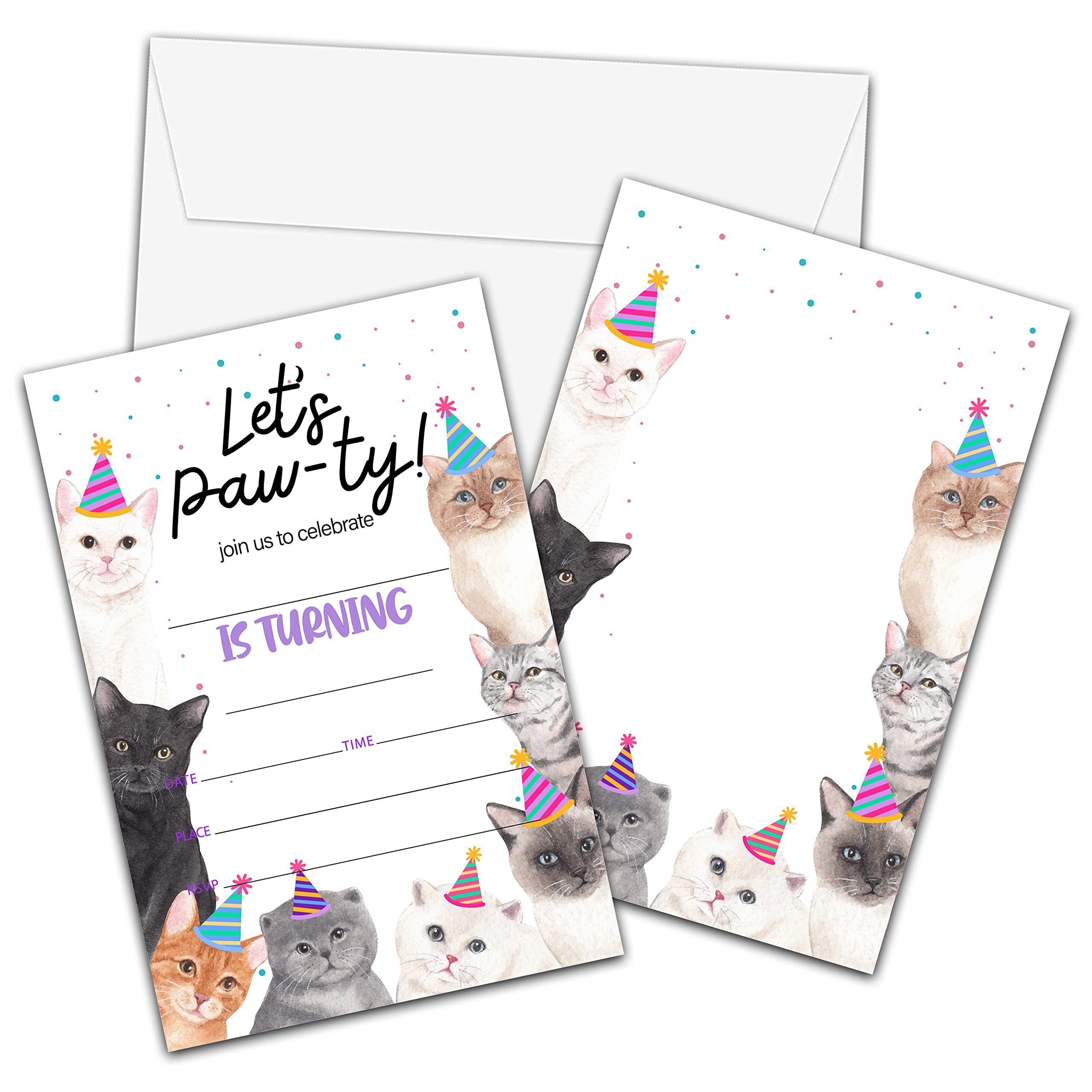 Cat Birthday Invitations with Envelopes - Kitty Cat Birthday Party Invitation Card - Let's Paw-ty Fill-in Invites Cards - Cute Pet Party Celebration (20 Pack)-25