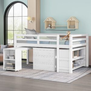 harper & bright designs low loft bed with desk underneath wooden full size kids loft bed with storage cabinet & bookshelf,full loft bed frame for girls boys (full, white)