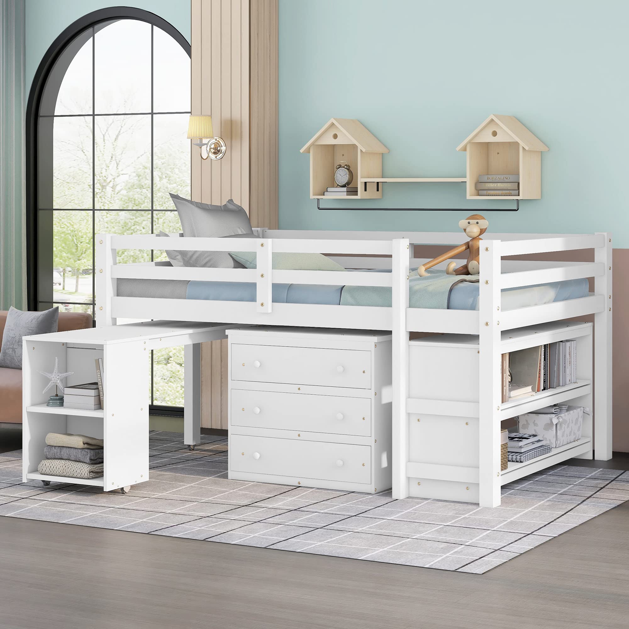 Harper & Bright Designs Low Loft Bed with Desk Underneath Wooden Full Size Kids Loft Bed with Storage Cabinet & Bookshelf,Full Loft Bed Frame for Girls Boys (Full, White)