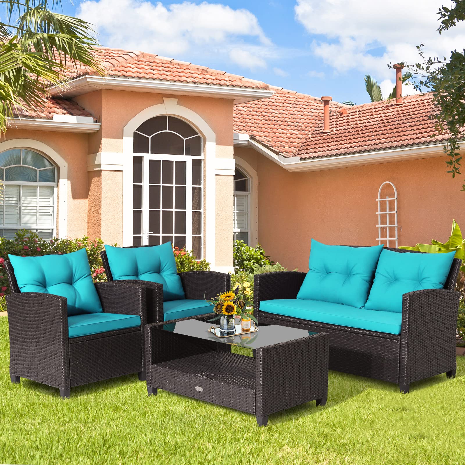 Tangkula 4-Piece Patio Furniture Set, Rattan Wicker Chair Set with 1 Loveseat, 2 Single Sofas, 1 Coffee Table with Tempered Glass Top, Outdoor Furniture Sets for Backyard, Porch, Garden and Poolside