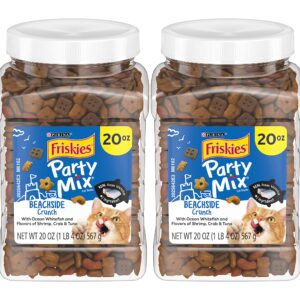 Purina Friskies Party Mix Cat Treats, Beachside Crunch, Made with Ocean Whitefish, Crunchy Cat Treats for Adult Cats, 20-Ounce Resealable Canister (Pack of 2)