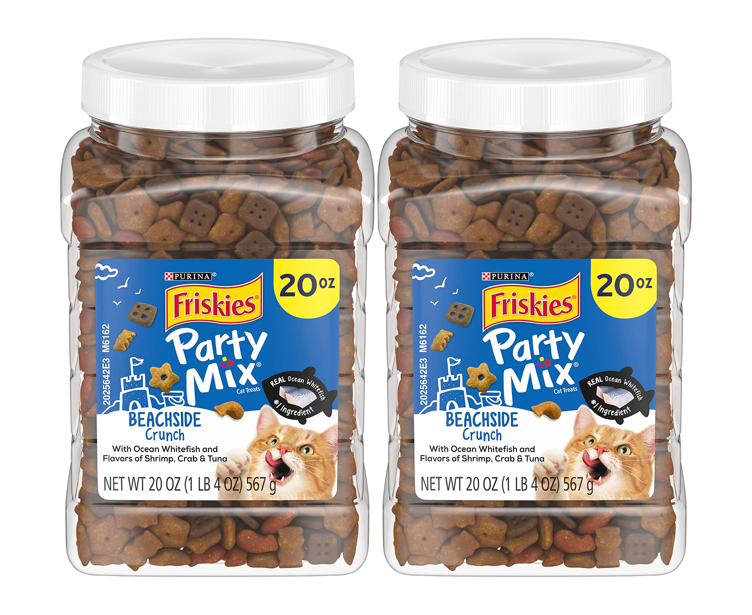 Purina Friskies Party Mix Cat Treats, Beachside Crunch, Made with Ocean Whitefish, Crunchy Cat Treats for Adult Cats, 20-Ounce Resealable Canister (Pack of 2)