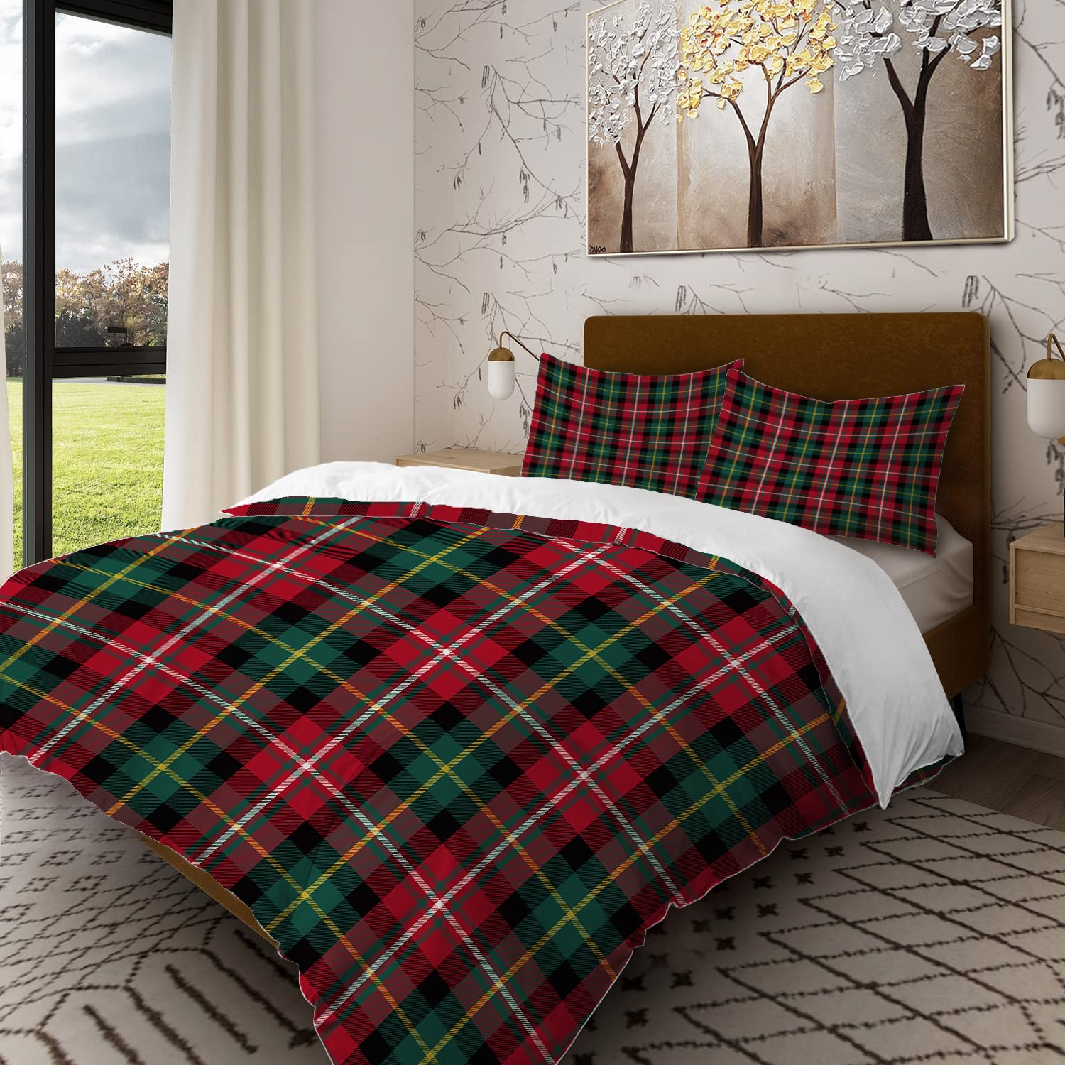 Batmerry Christmas Plaid Tartan Queen Size 3 Pieces Bedding Comforter Cover Sets,Soft Fluffy Red Abstract Black Fashion Geometric Pattern Printed Duvet Cover for All Season