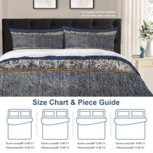 Batmerry Blue Fringe Orange Queen Size 3 Pieces Bedding Comforter Cover Sets,Soft Fluffy Denim Torn Worn Blue Jeans Pattern Printed Duvet Cover for All Season