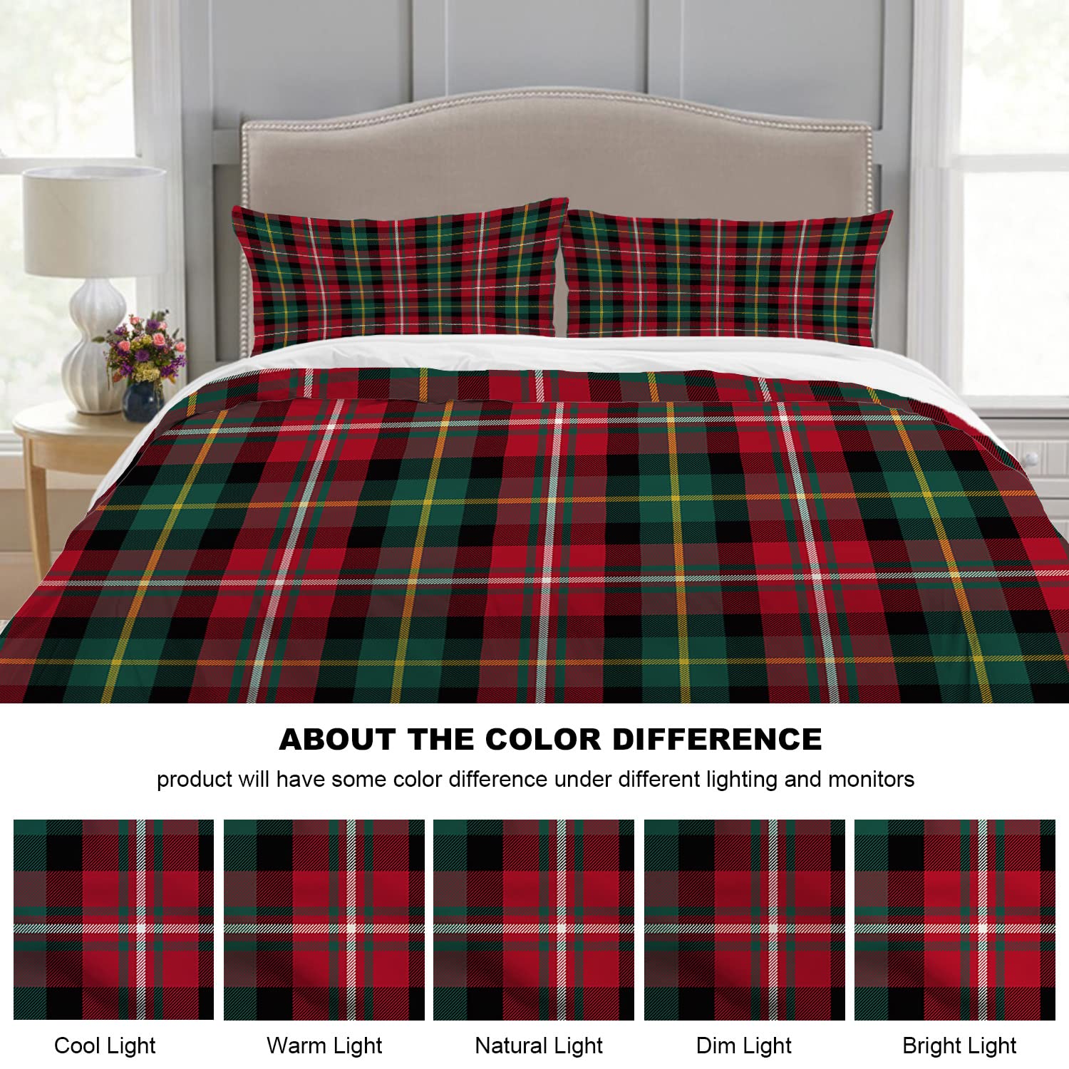 Batmerry Christmas Plaid Tartan Queen Size 3 Pieces Bedding Comforter Cover Sets,Soft Fluffy Red Abstract Black Fashion Geometric Pattern Printed Duvet Cover for All Season