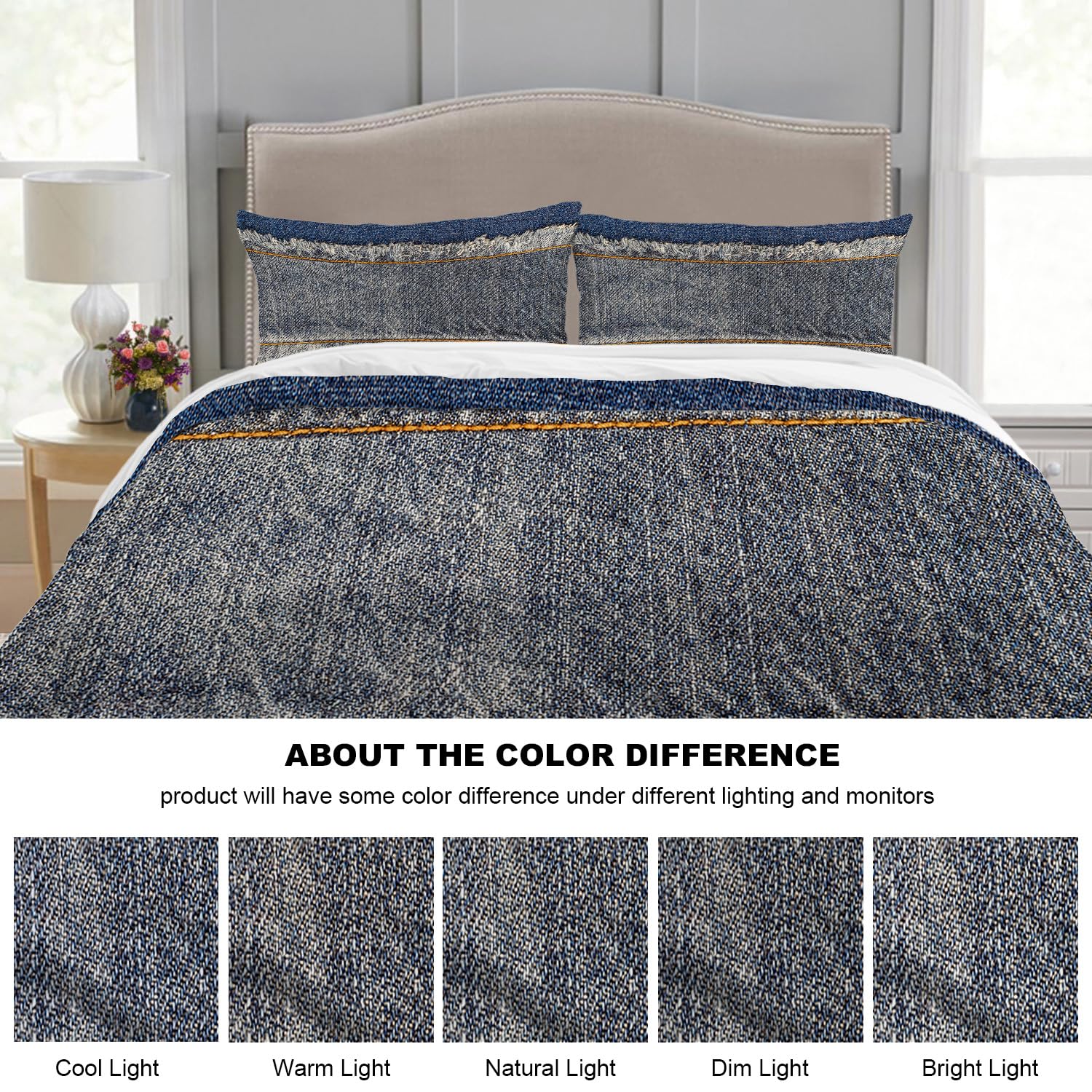 Batmerry Blue Fringe Orange Queen Size 3 Pieces Bedding Comforter Cover Sets,Soft Fluffy Denim Torn Worn Blue Jeans Pattern Printed Duvet Cover for All Season