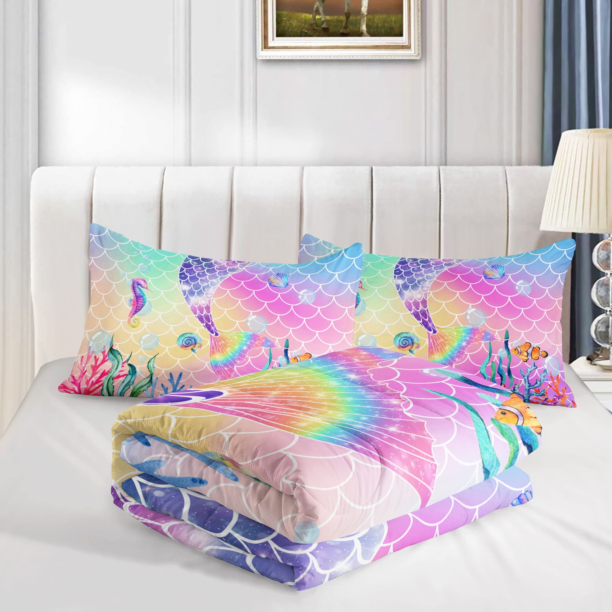 Datura home Bedding Comforter Set Rainbow Pink Mermaid Tail Printed Pattern Quilt with 1 and 2 Pillowcases for Girls Bedroom All Season(Rainbow Full) Full 80x90inches