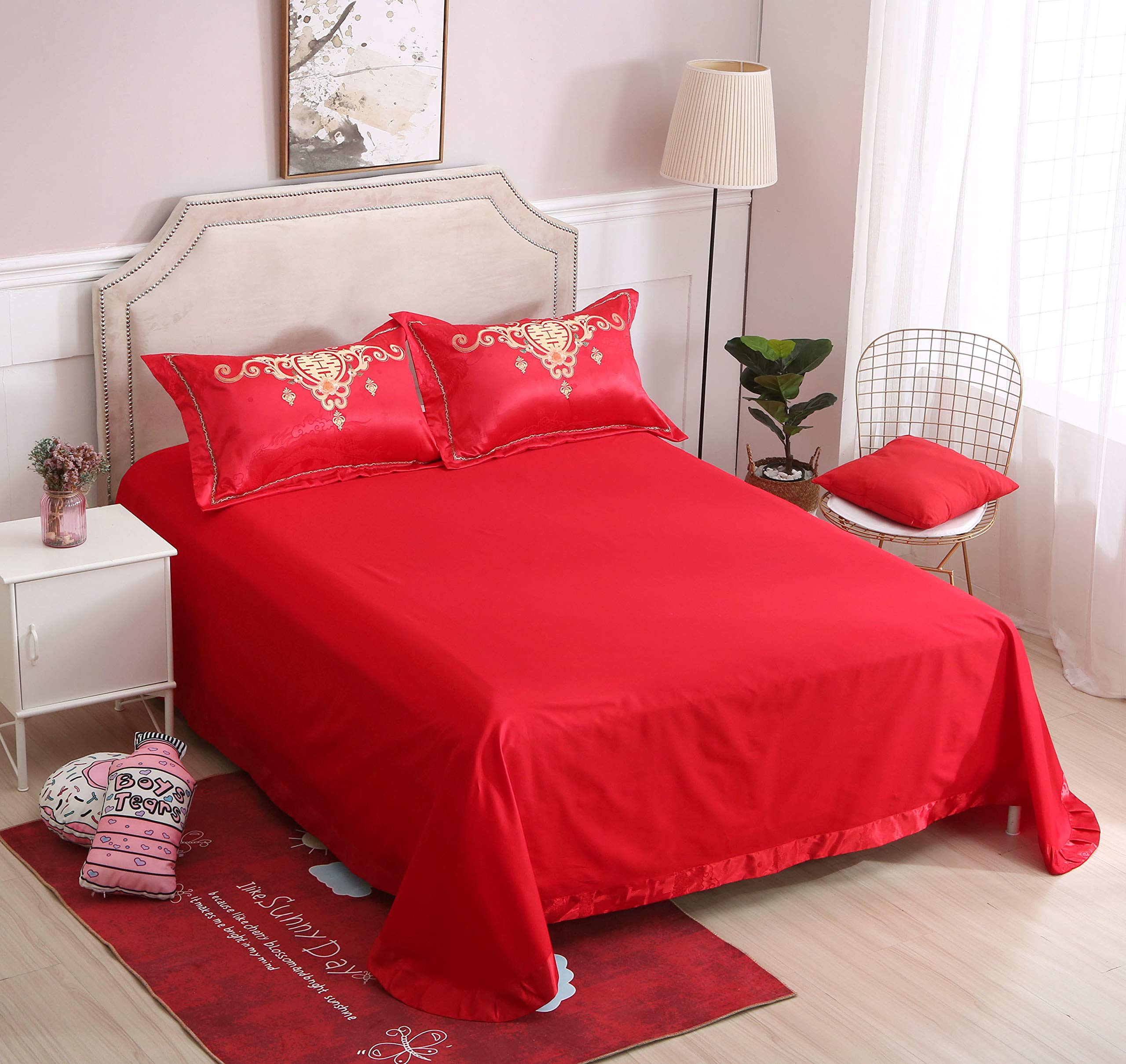 I-MART King Size Chinese Wedding Red Bedding Set, Asian Bedding with Dragon and Phoenix Bird Embroidery Duvet Cover Set of 4