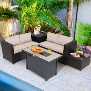 Tangkula 5-Piece Patio Furniture Set with 42 Inches Propane Fire Pit Table, Outdoor Wicker Conversation Set with Cushions, Storage Box and Coffee Table, 60,000 BTU Propane Fire Pit Table (Beige)