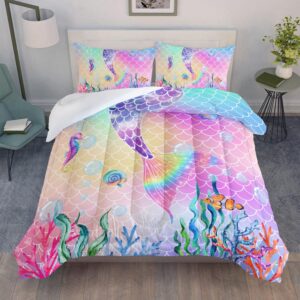 Datura home Bedding Comforter Set Rainbow Pink Mermaid Tail Printed Pattern Quilt with 1 and 2 Pillowcases for Girls Bedroom All Season(Rainbow Full) Full 80x90inches