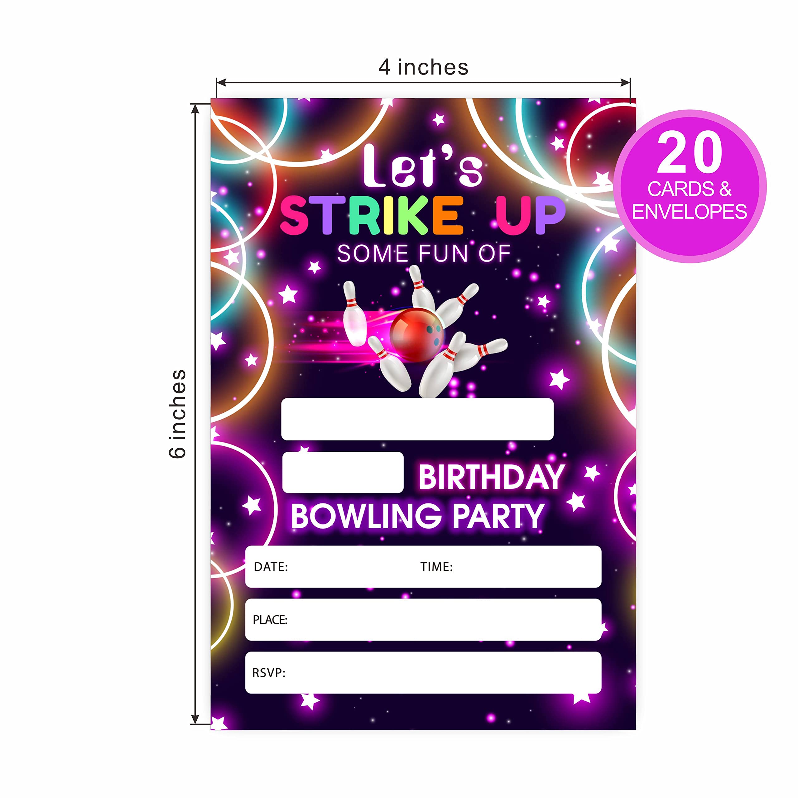 Bowling Birthday Invitations, Let's Strike Up Some Fun Birthday Party Invites Decorations, Kids Adults Birthday Party and Events Supplies, 20 Fill-in Invites Cards with Matching Envelopes（YQK-028）