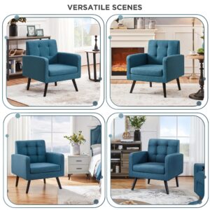 Yaheetech Mid-Century Accent Chairs, Modern Upholstered Living Room Chair, Cozy Armchair Button Tufted Back and Wood Legs for Bedroom/Office/Cafe, Navy Blue