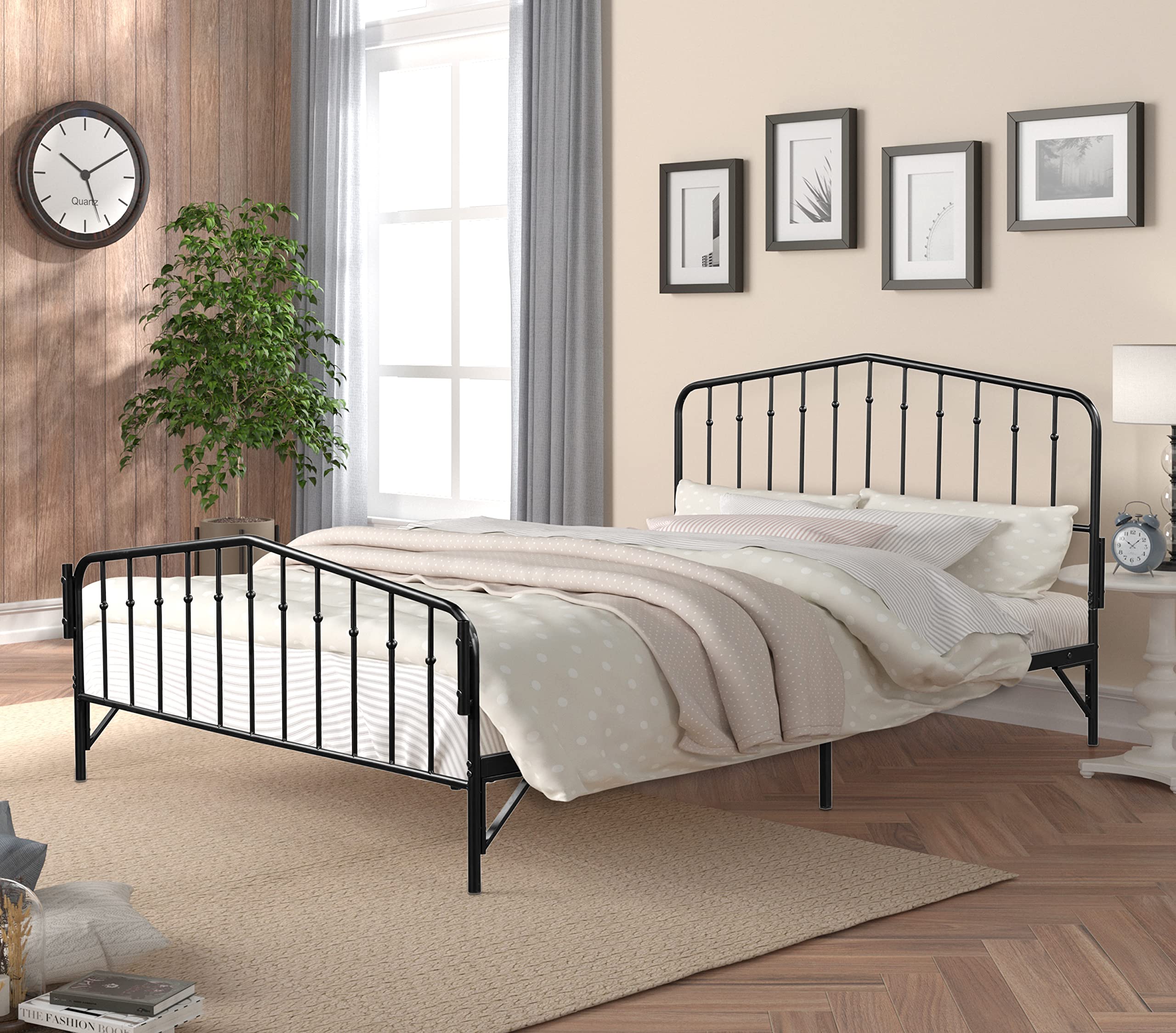 Tensun Detachable Queen Anti-Noise Platform Metal Canopy Bed with Headboard,Black