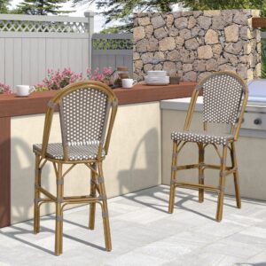 PURPLE LEAF French Counter Height Bar Stool Set of 2 25" Bamboo Print Finish Patio Bar Chairs with Back Rattan Bar Chairs French Bistro Set for Kitchen Outdoor Counter Stool Grey