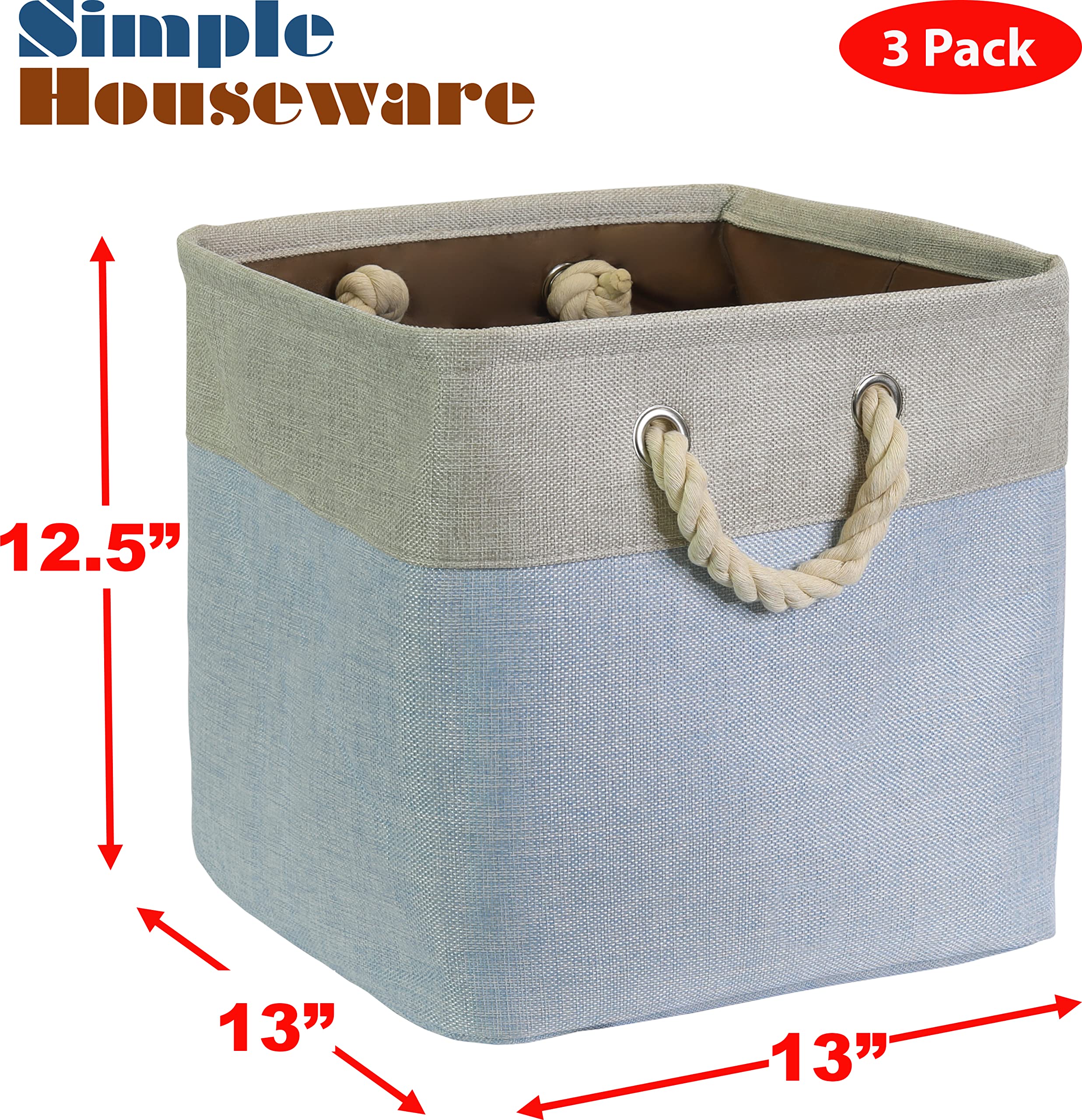 Simple Houseware Cotton Handle Extra Large Fabric Cube Storage Bin, 3 Pack, Blue