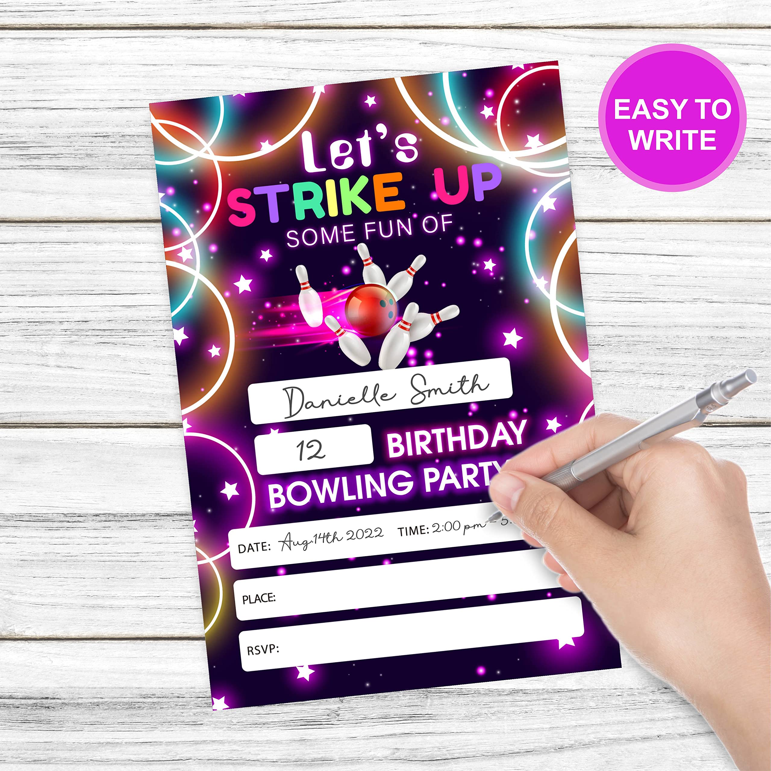 Bowling Birthday Invitations, Let's Strike Up Some Fun Birthday Party Invites Decorations, Kids Adults Birthday Party and Events Supplies, 20 Fill-in Invites Cards with Matching Envelopes（YQK-028）