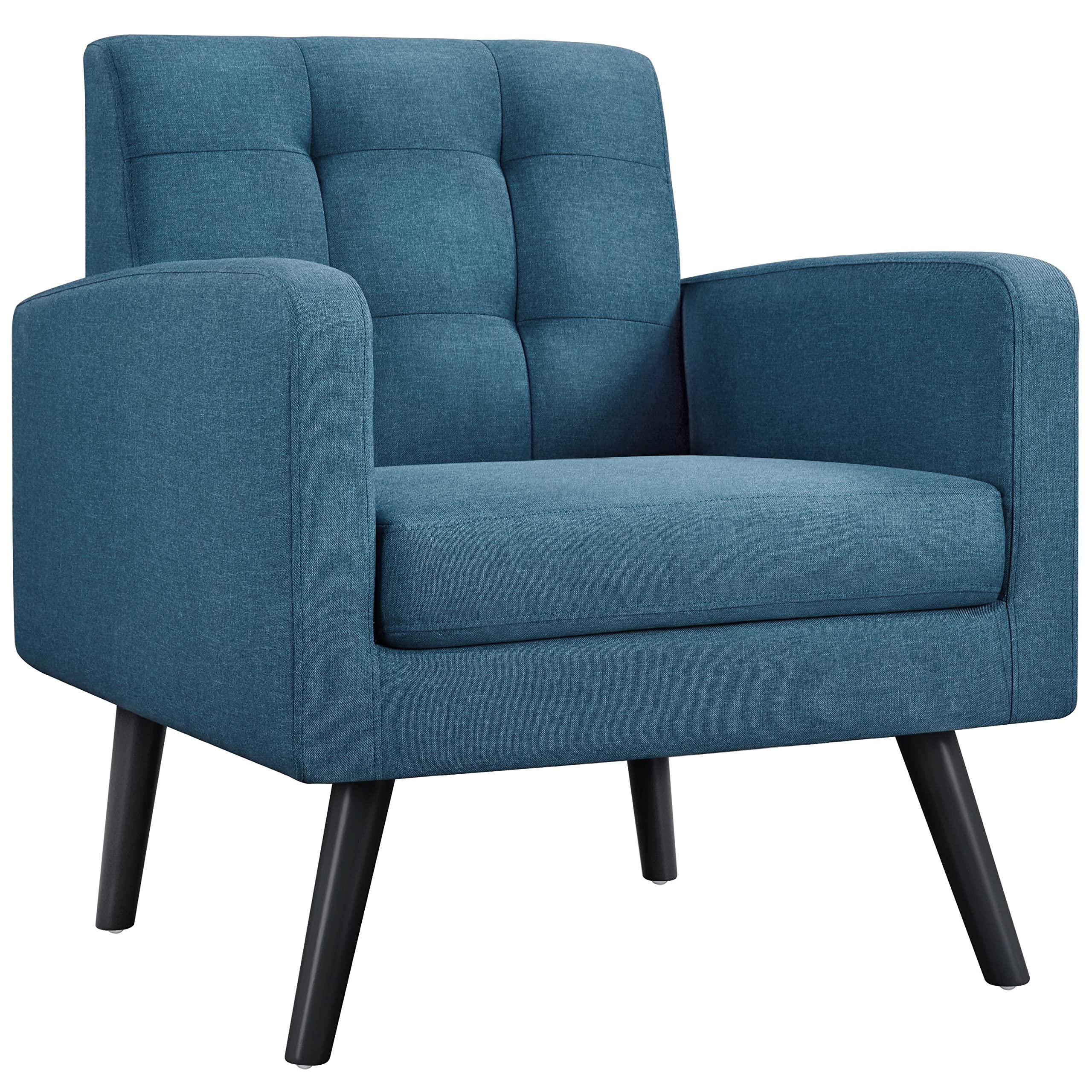 Yaheetech Mid-Century Accent Chairs, Modern Upholstered Living Room Chair, Cozy Armchair Button Tufted Back and Wood Legs for Bedroom/Office/Cafe, Navy Blue