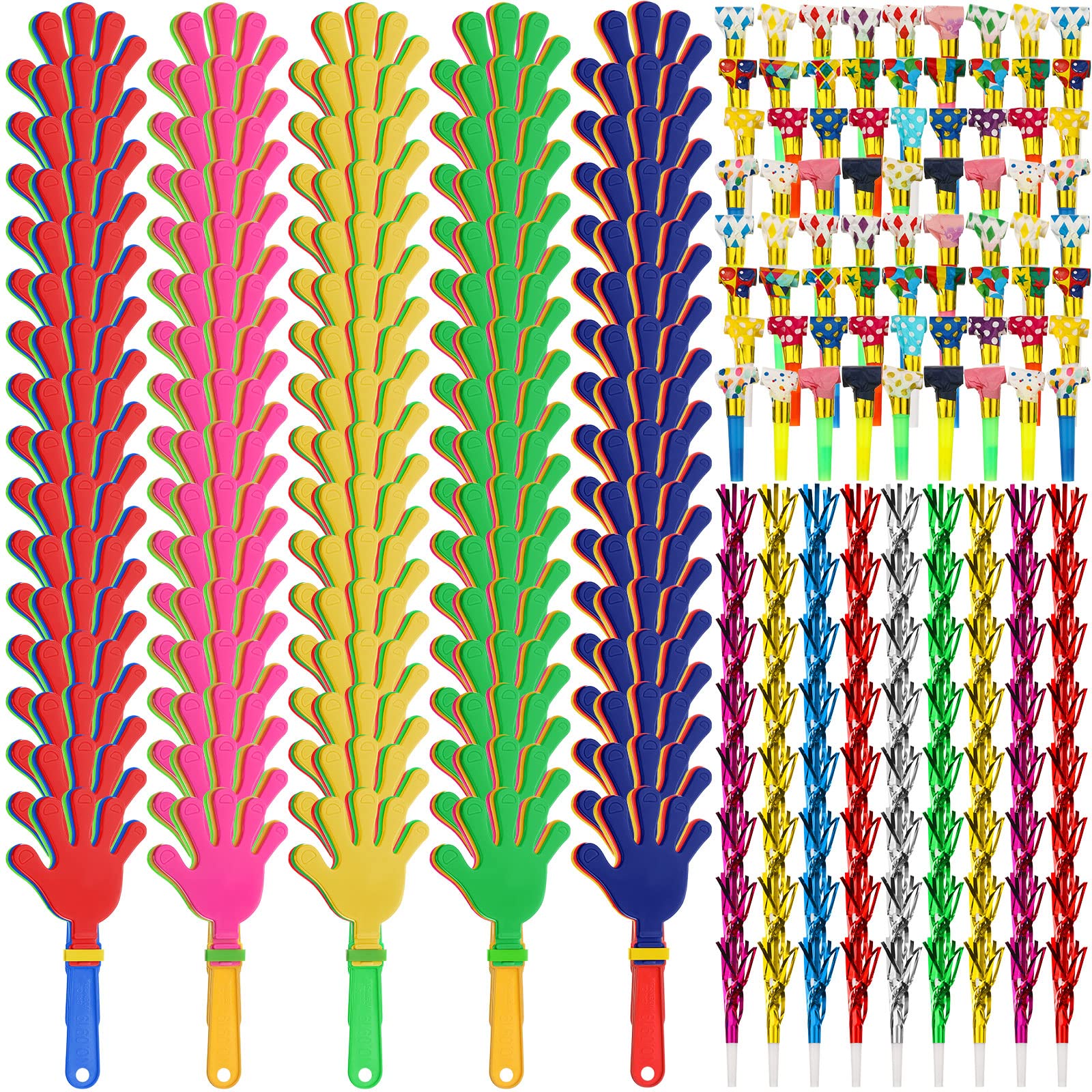 Yunsailing 224 Pcs Party Noise Makers Bulk Include Hand Clapper Noisemaker for Sporting Events Glitter Fringed Blowout Musical Plastic Blower for Kids Adult Birthday Carnival Graduation Decorations