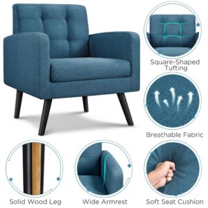 Yaheetech Mid-Century Accent Chairs, Modern Upholstered Living Room Chair, Cozy Armchair Button Tufted Back and Wood Legs for Bedroom/Office/Cafe, Navy Blue